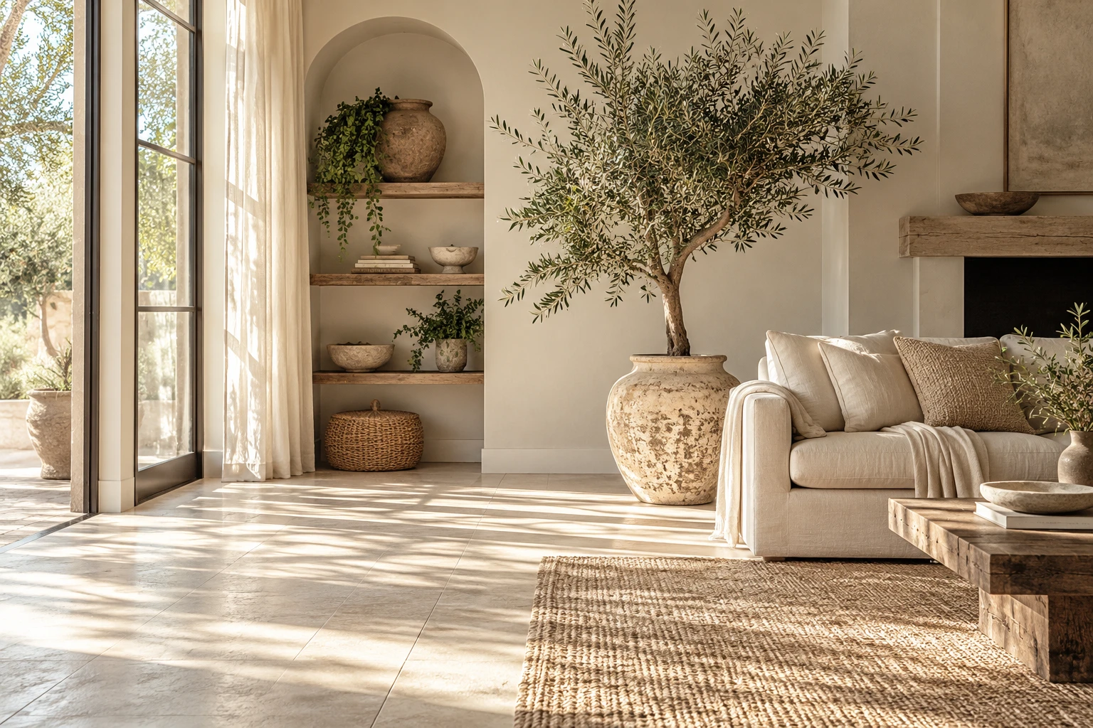 Sunlight, natural textures and a clear floor in a calm living room